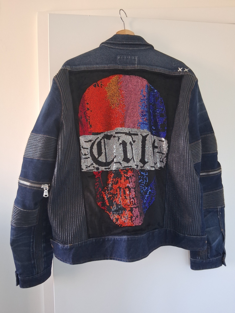 Cult of Individuality Navy Denim Jacket with Multicolor Sequin Skull!